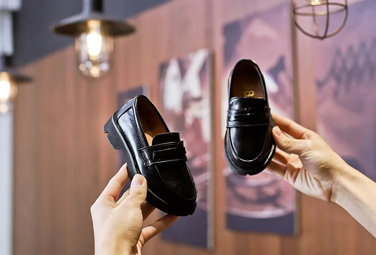2025Kids Loafers Slip-on Pu Leather Shallow Black Brown Boys Girls Flat Shoes 21-36 Toddler Fashion Leisure Children Casual Shoe