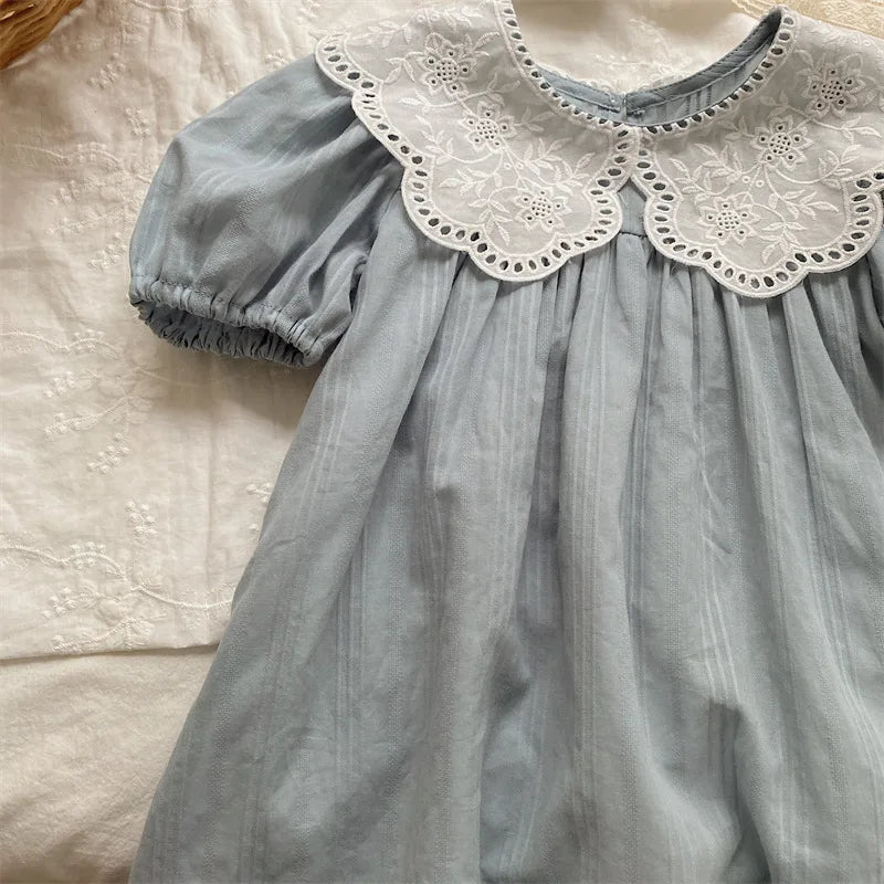 deer jonmi 2026 New Summer Baby Girls Princess Dresses Short Sleeve Korean Style Lace Collar Toddlers Kids Cotton Cute Dress