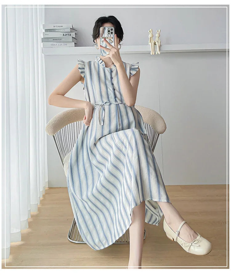 Maternity Clothes Spring Autumn Pregnancy Dresses Pregnant Women Lantern Sleeve High Waist V Neck  Clothing