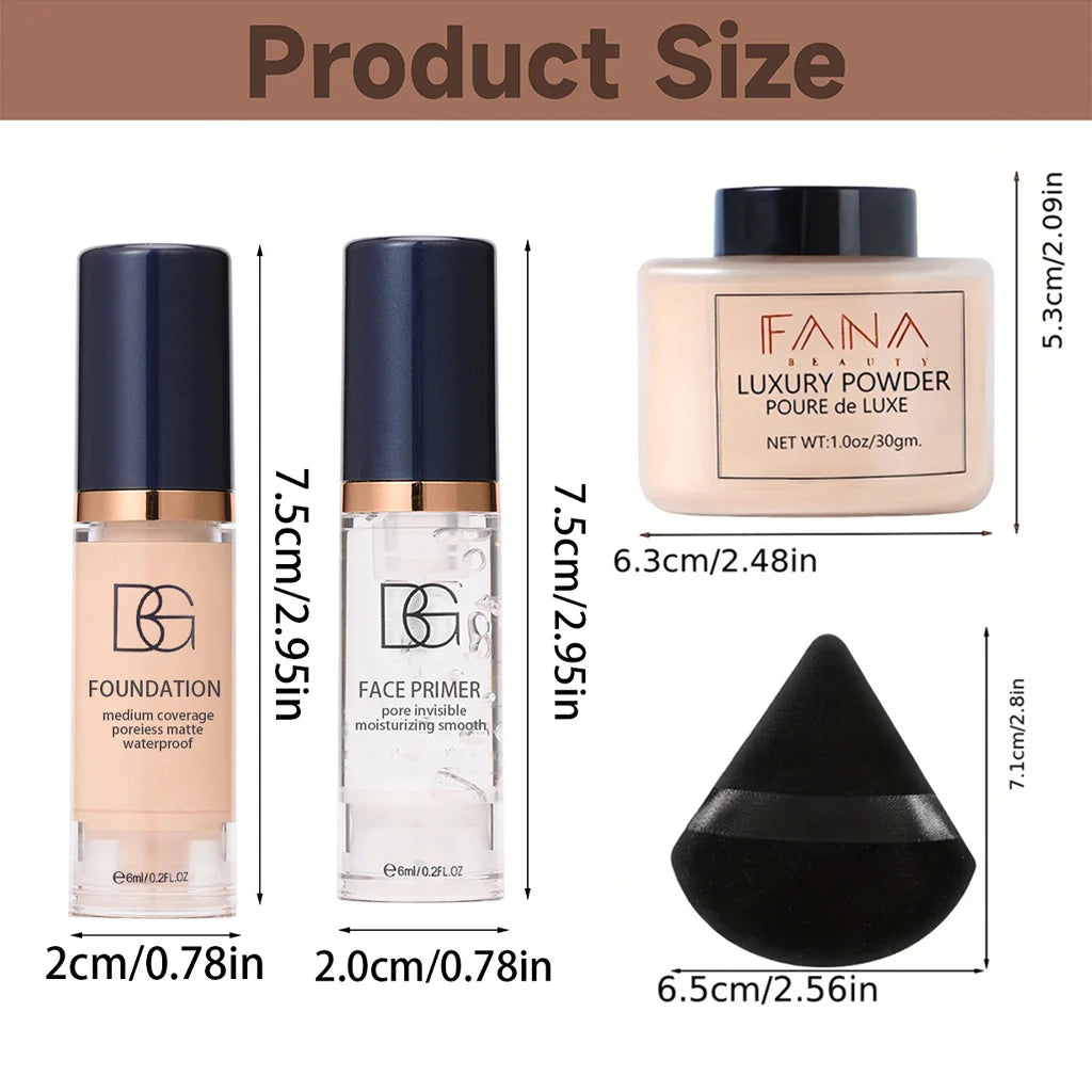 Marie Set de Maquillaje Facial de 4 Piezas — Primer Suavizante, Base Mate, Polvo Fijador con Borla, Paquete Impermeable de Larga Duración**