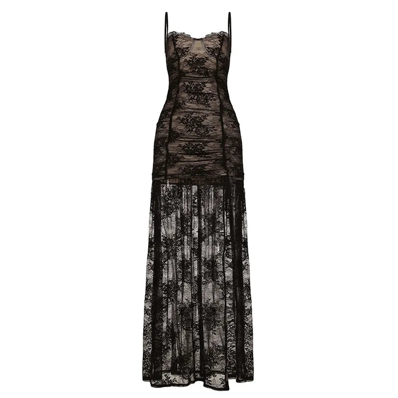 Sexy Lace Spaghetti Strap Dress Women Sleeveless Backless See Through Slim Split Long Dresses 2026 Spring Holiday Lady Robes