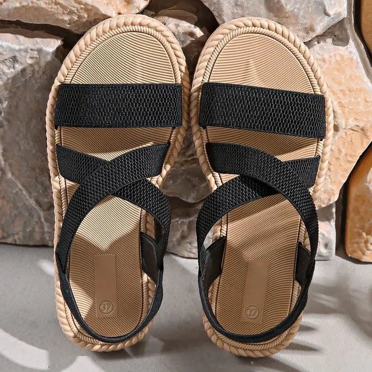 Summer New Flats Sole Women Sandals Fashion Cross Band Plus Size 43 Beach Sandels 2025 Hot Seller Ladies Vacation Zapatillas