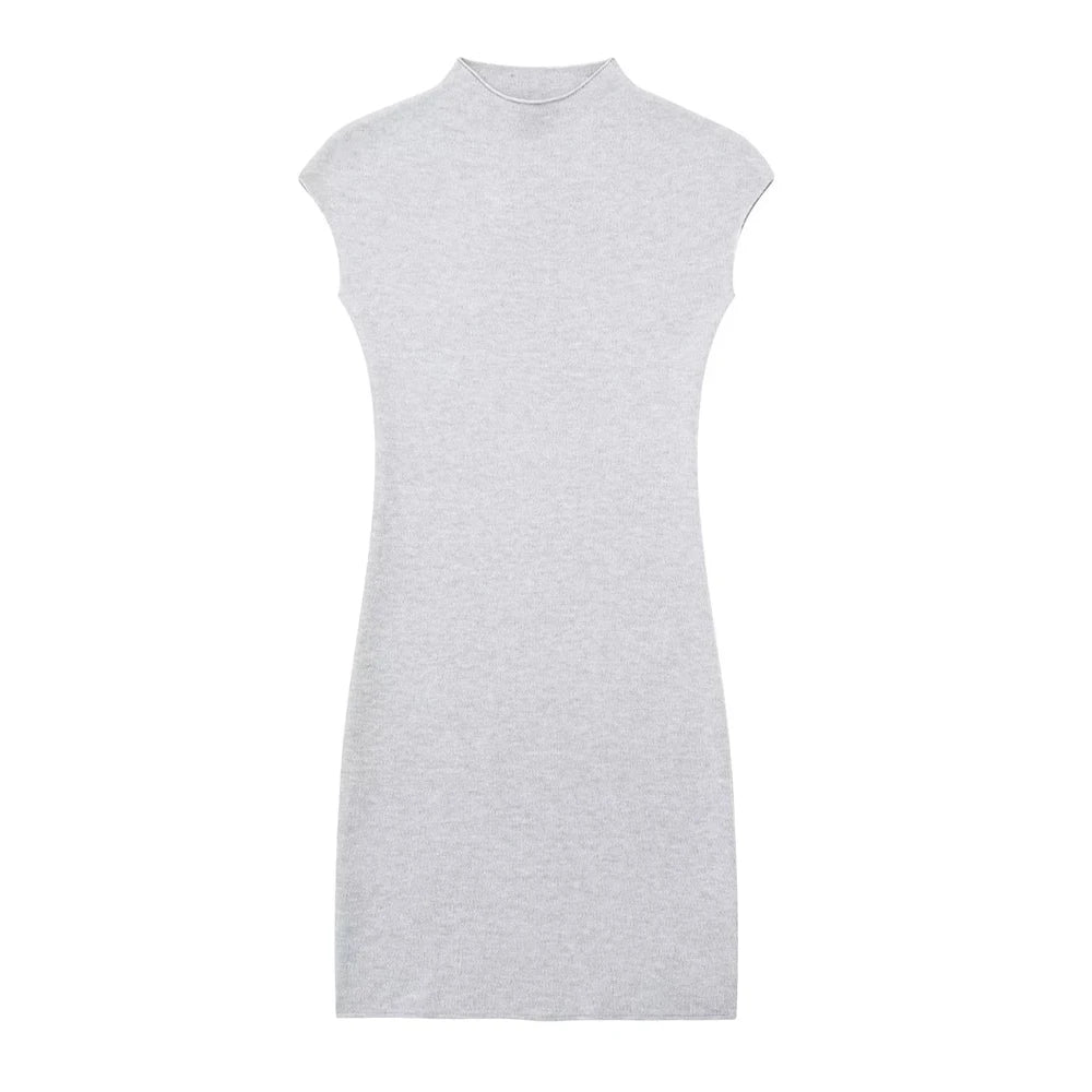 TRZA Women Fashion Stretch Knit Mini Dress Vintage High Neck Sleeveless Female Dresses Vestidos Mujer