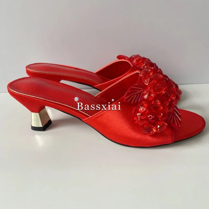 Red Silk Slingback Sandals with Unique Beaded Sequin Flower Design Strange Heel Summer Mules for Women