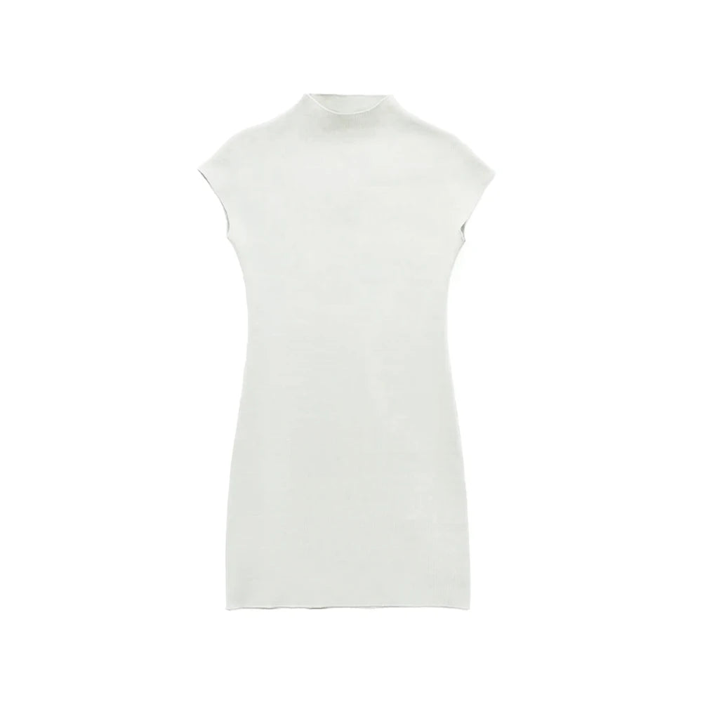 TRZA Women Fashion Stretch Knit Mini Dress Vintage High Neck Sleeveless Female Dresses Vestidos Mujer