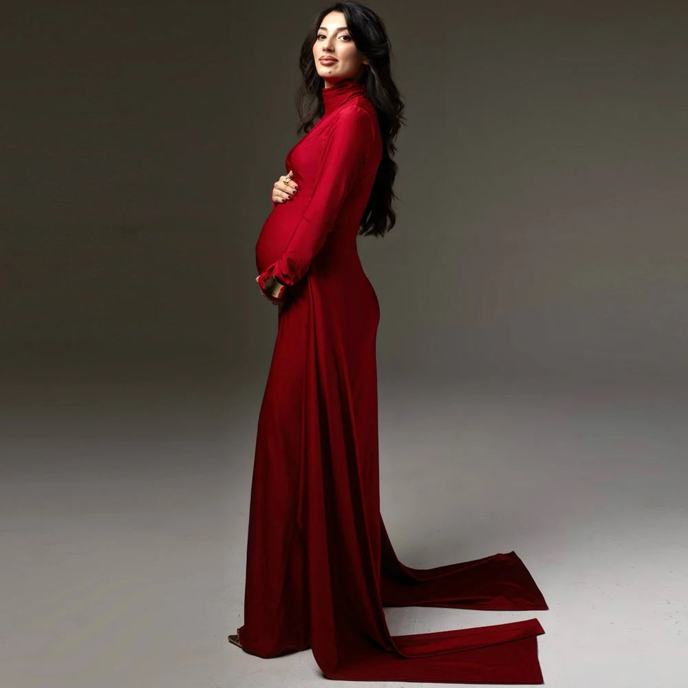 Maternity Photography Dresses High Neck Long Sleeved Fashionable Patchwork Strap High Elasticity Slim Fit Pregnant Women Dress