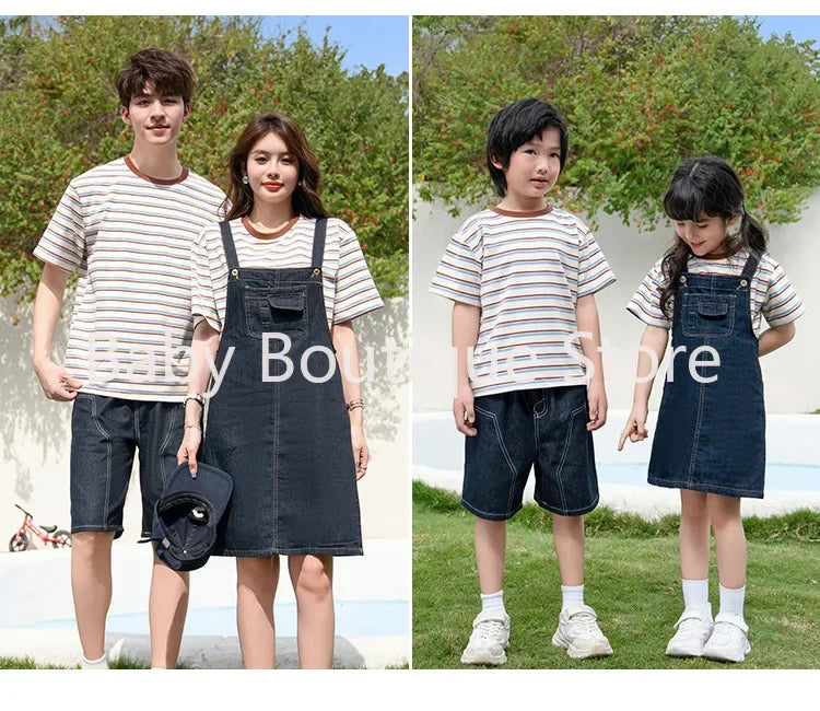 2025 Mom Daughter Father Son Family Matching Summer Cotton Mother Daughter Outfits Twin Wear Casual Striped Tshirt Overalls Set