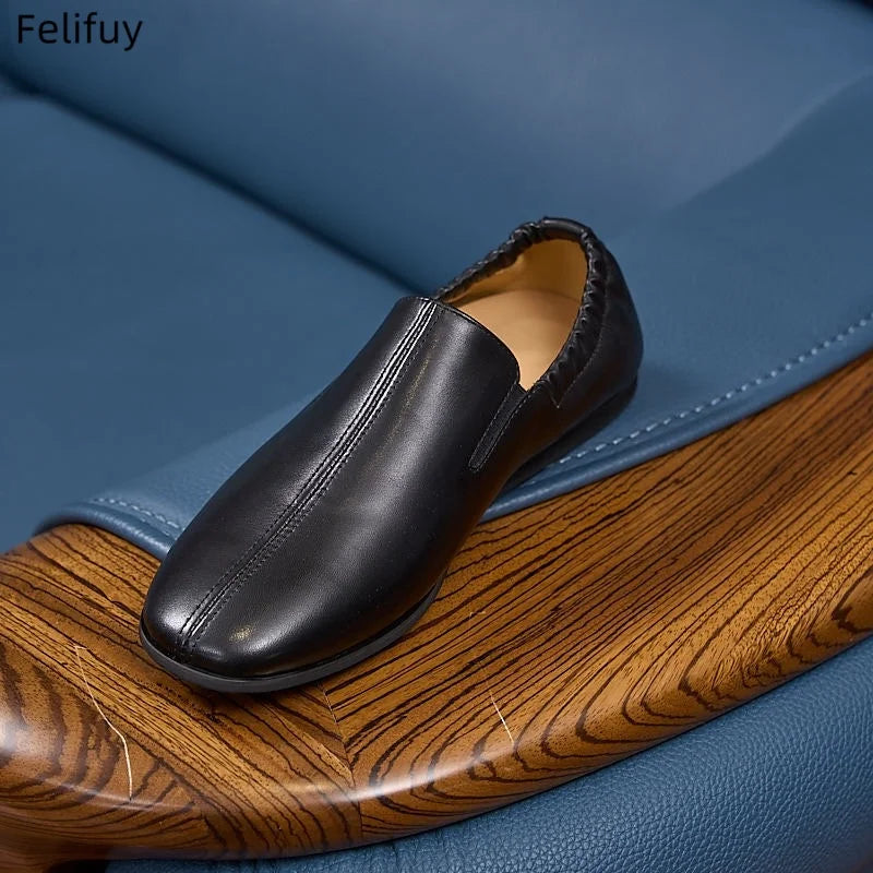 Black Casual Low-Heel Men's Genuine Leather Flat Shoes Korean Style Slip-On Loafers Fashionable Black Business Shoes round Toe