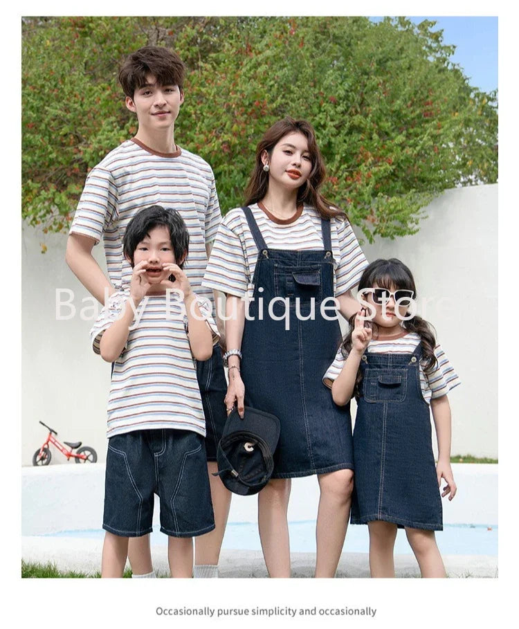 2025 Mom Daughter Father Son Family Matching Summer Cotton Mother Daughter Outfits Twin Wear Casual Striped Tshirt Overalls Set