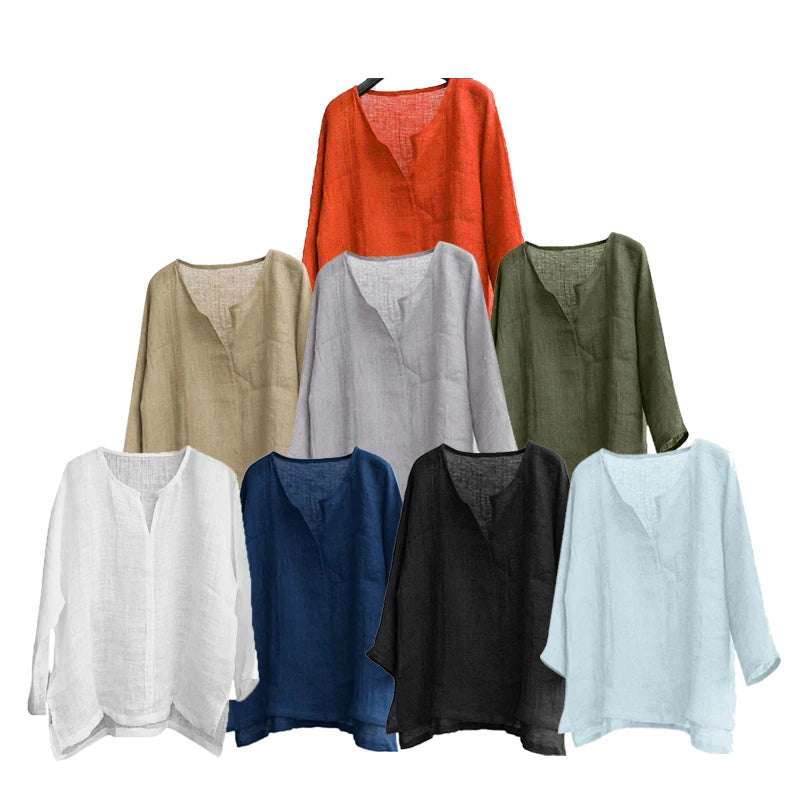 Men's Cotton Linen Shirts Blouses Long Sleeve Social Shirts For Men V-Neck White Formal Shirt Oversized Shirts Top Mens Clothing