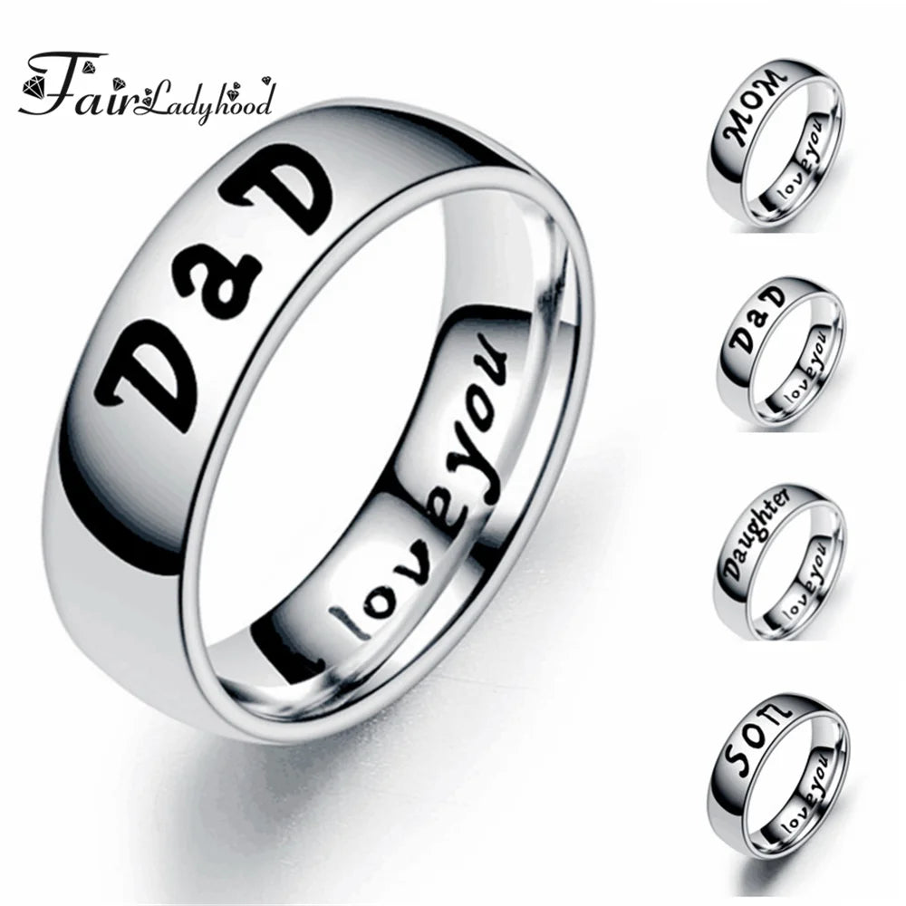 FairLadyHood Classic Stainless Steel Rings "love You MOM DaD SON DAUGHTER" Family Member Rings For Women Man Rings Jewelry