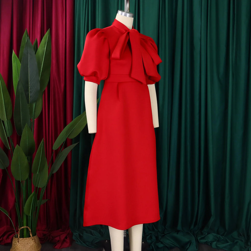 Elegant Party Dresses for Woman 2024 Luxury Bow Collar Short Sleeve High Waisted A Line Pleated Ankle Length Birthday Party Robe