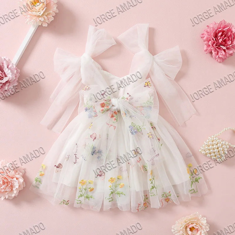 2026 Easter Kids Dress Girl Summer Dress Floral Bow Sleeveless Dance Performance Dress Girls Clothes E1236