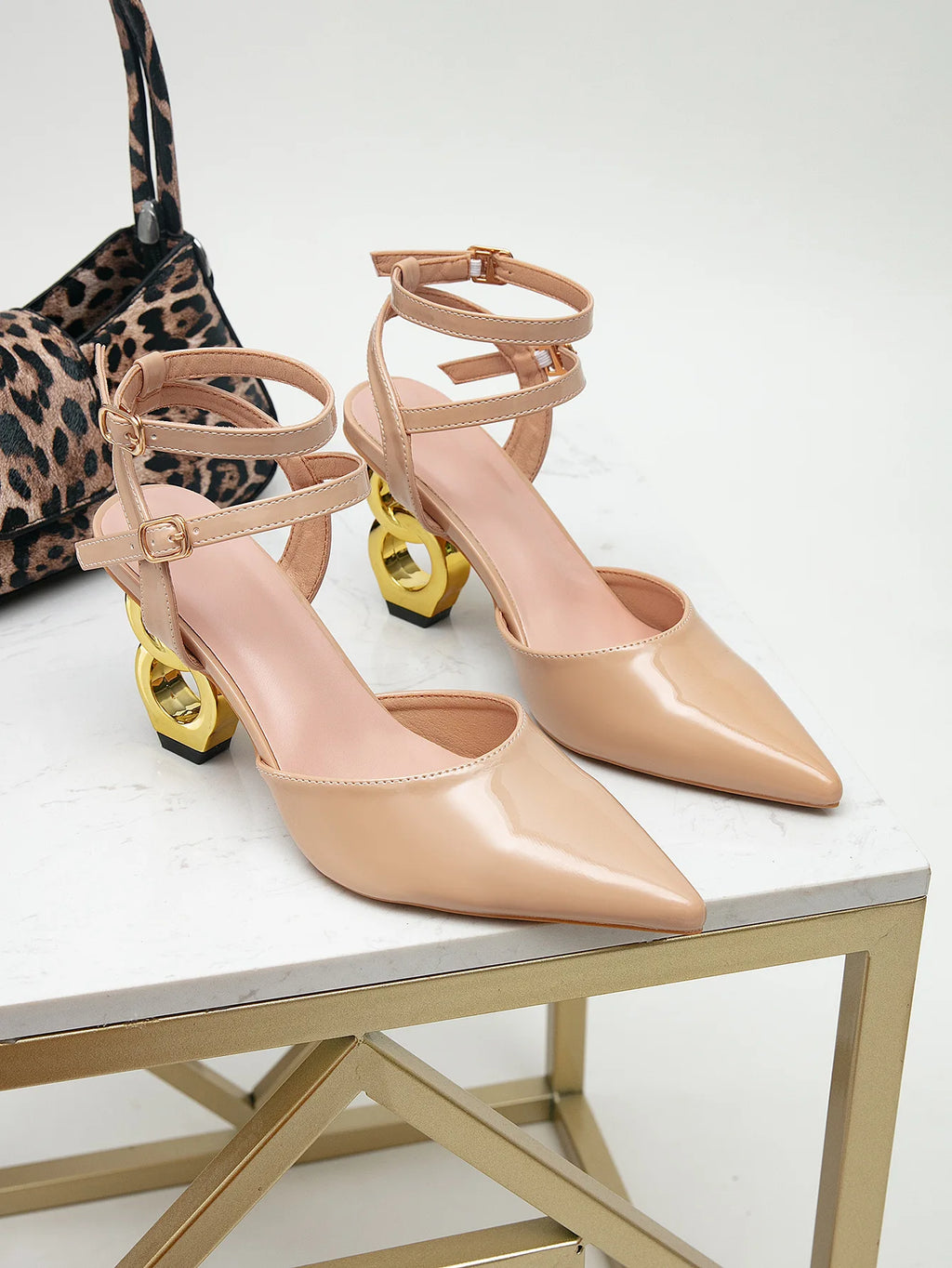 Elegant Gold Strange Heels Sandals Women Sexy Pointed Toe Ankle Strap Office Lady Party Shoes High Heels Sandals