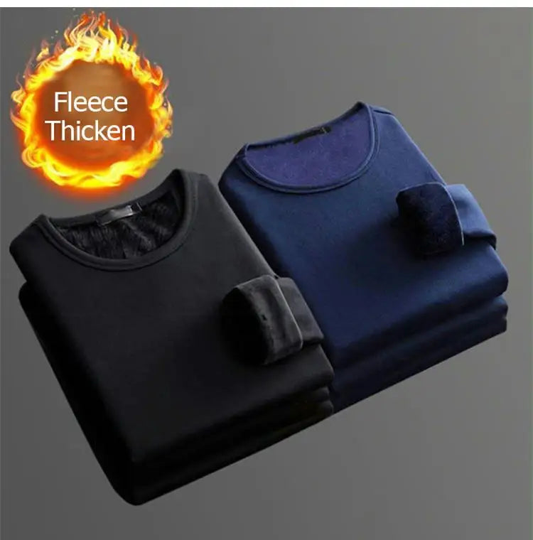 Epligg 1PCS Men's Long-sleeved Winter Thermal Underwear Plus Velvet Padded T-shirt Slim Solid Color O-Neck Bottoming Shirt