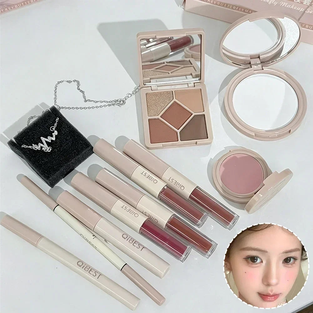 Marie Set de Maquillaje Facial de Regalo — Brillo Labial Doble Punta, Polvo Compacto, Rubor, Sombras, Lápiz de Cejas, Delineador y Aceite Labial
