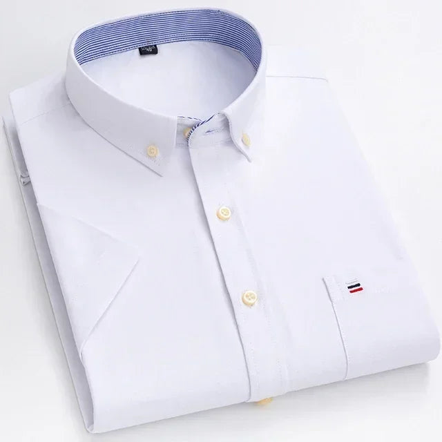 2026 100% Pure Cotton Men's Oxford Short Sleeve Square Collar Soild Plaid Striped Summer Casual Shirts Single Pocket  Shirt