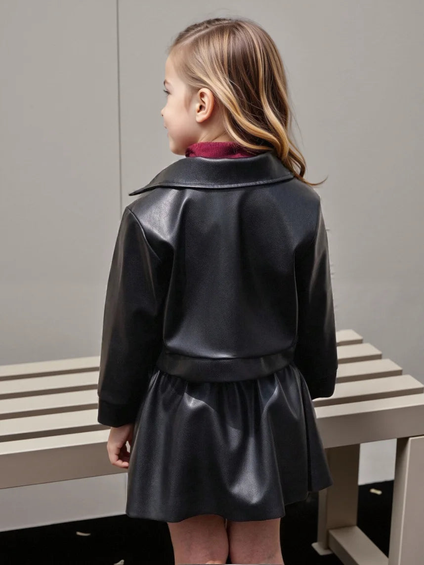 Children's Clothing for Girls, Spring and Autumn Stylish Pu Jacket and Versatile Short Skirt Two-Piece Set, New Fashion Street-Style Cool Half Skirt, Easy to Clean, New Versatile Pu Leather Outfit
