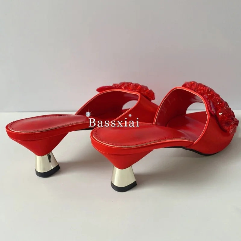 Red Silk Slingback Sandals with Unique Beaded Sequin Flower Design Strange Heel Summer Mules for Women