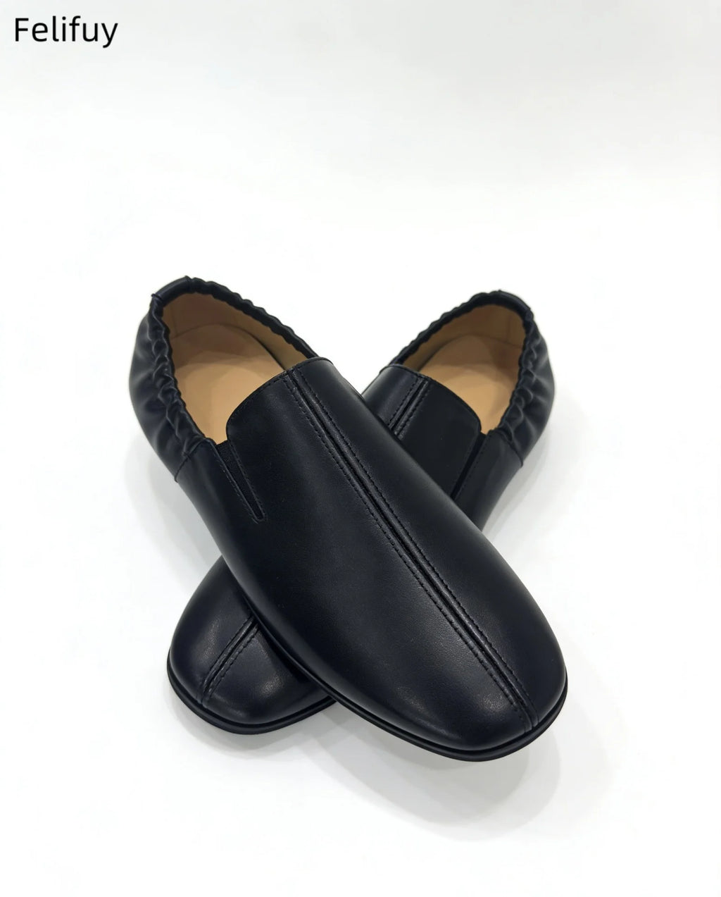 Black Casual Low-Heel Men's Genuine Leather Flat Shoes Korean Style Slip-On Loafers Fashionable Black Business Shoes round Toe
