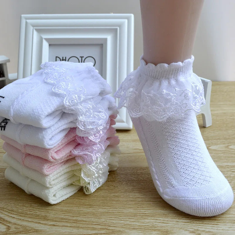 4Pairs Baby Girls Lace Socks Spring Summer Ruffle Princess Mesh Children Ankle Short Breathable Cotton Toddler Kids Socken 1-6Y