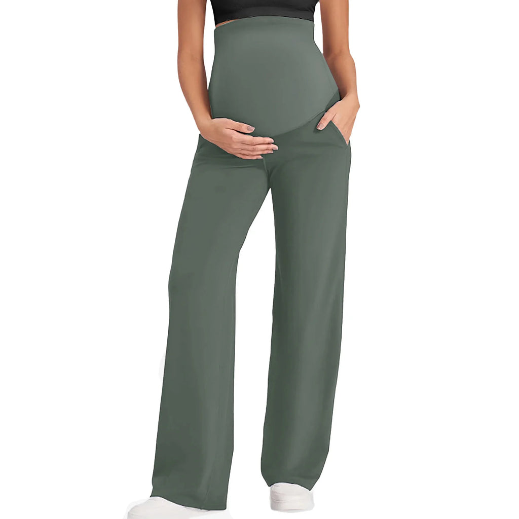 Maternity Pants Over The Belly Yoga Dress Elastic Waistband Stretchy Wide Leg Work Pregnancy Trousers with Pockets Sportswear