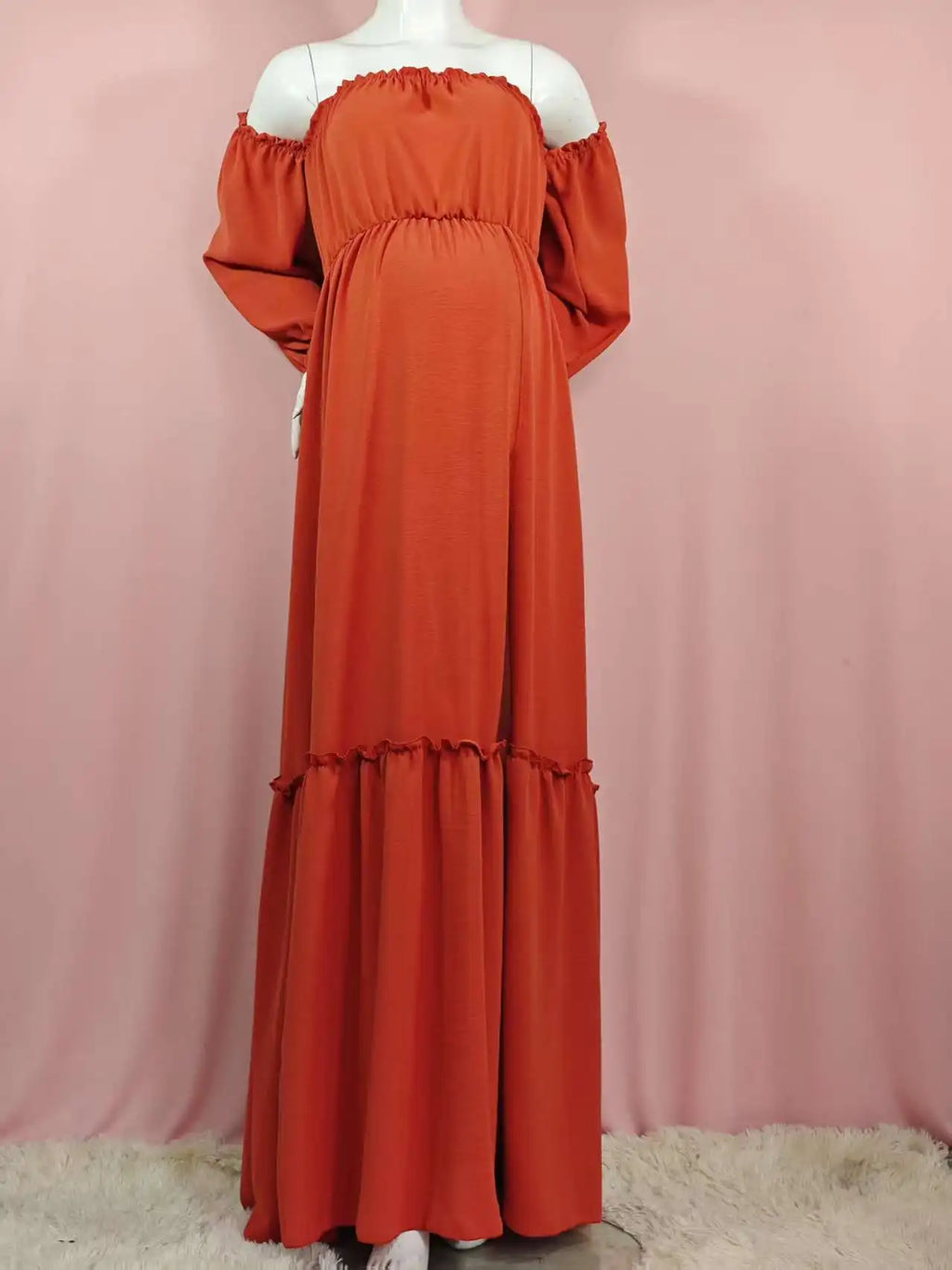 Maternity Photoshoot Dress - Sexy Off-Shoulder Gown Playful Puff Sleeves & Leg-Baring Slit Clothes for Pregnant Women Photograph