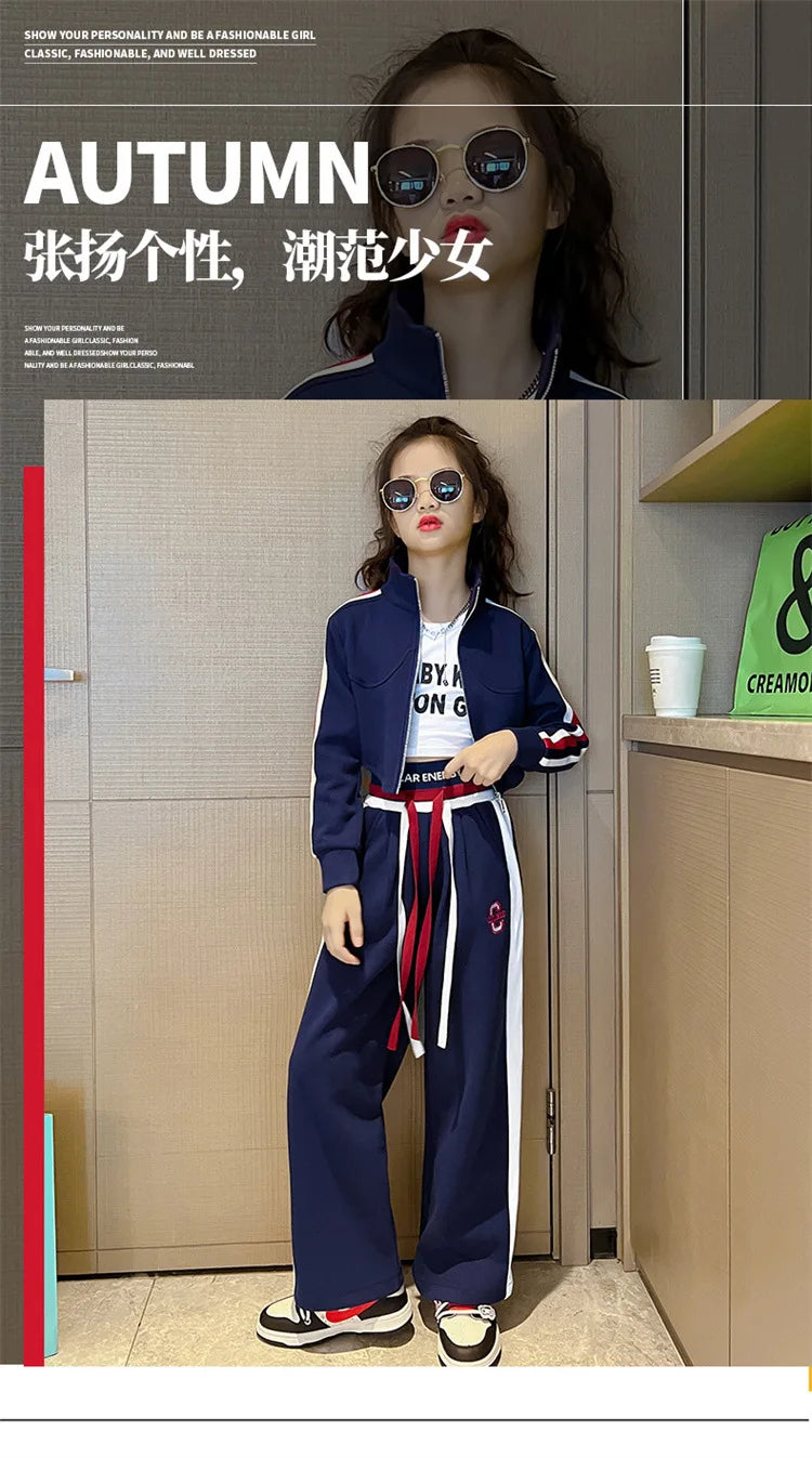 Childrens teenager girls Clothing Set Casual Sportwear Striped Short Top+Wide leg Pant 2pcs Girls Elastic Waist Trousers 4-15