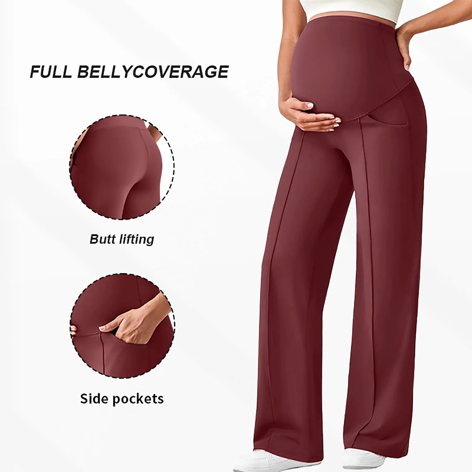 Maternity Pants Over The Belly Yoga Dress Elastic Waistband Stretchy Wide Leg Work Pregnancy Trousers with Pockets Sportswear