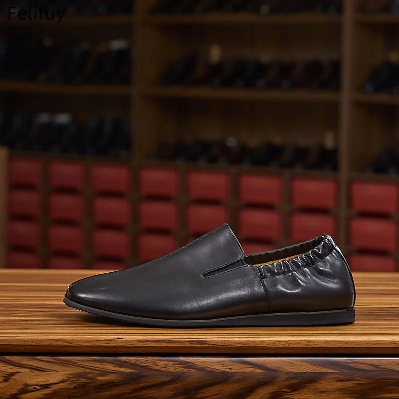 Black Casual Low-Heel Men's Genuine Leather Flat Shoes Korean Style Slip-On Loafers Fashionable Black Business Shoes round Toe