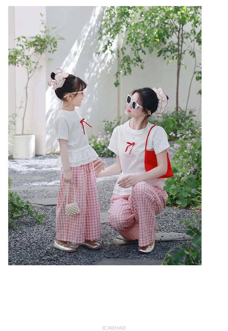 2025 Mother Daughter Matching Outfits Pink White Checkered Pants Tshirt Set Summer Casual Family Clothes Vacation Suits Mom
