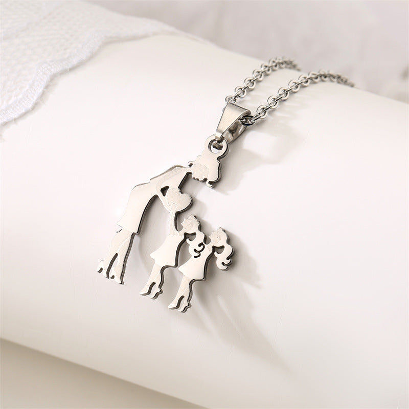 Mom and Father Daughter Sun Family Necklace Stainless Steel Chain Children Silver Color Pendant Jewelry Women Mother's Day Gift