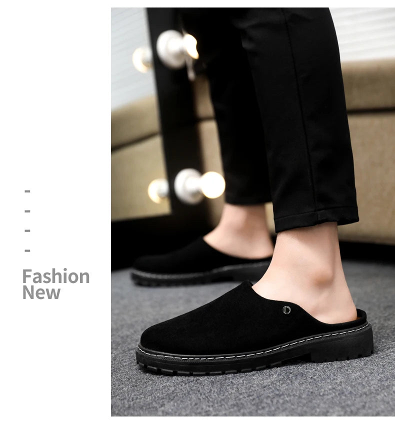 Black Men's Half Shoes Summer Casual Shoes Comfortable Suede Leather Shoes For Men Loafers Breathable Slip-on Shoes Man Slippers