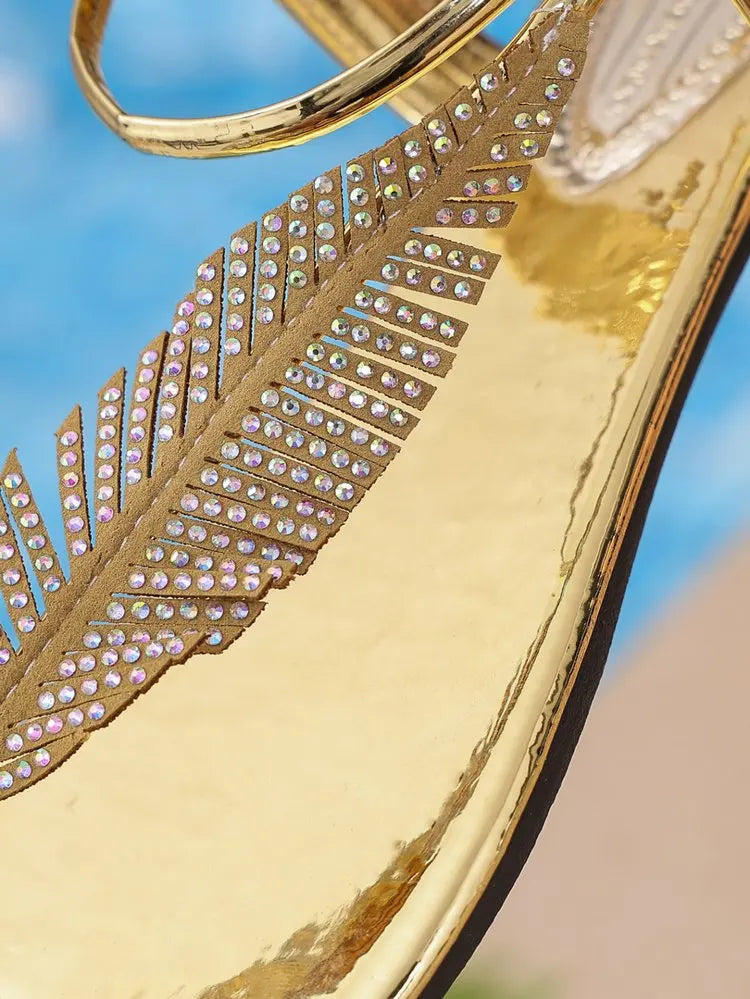 Women's Sandals Low Block Heel Rhinestone Leaf Thong Style Elastic Slingback Glossy Finish Summer Vacation Casual Dressy Shoes