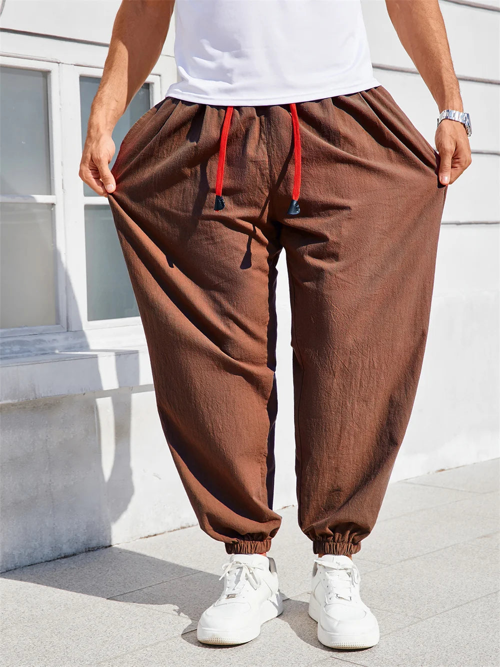 Men's Harem Pants Loose Fit Chinese Style Cotton Linen Solid Color Cozy Sweatpants Joggers High Quality Male Casual Trousers