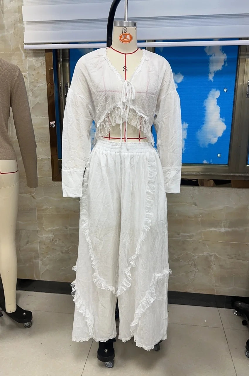 Womens Sexy Pajama Set Lace See Through 2 Piece Lounge Sets Long Sleeve Shirts and Wide Leg Pants Vintage Pj Sets Sleepwear