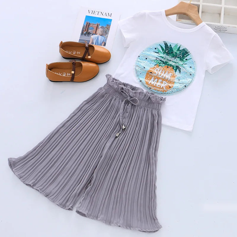 Toddler Girls Clothing Sets 2024 Summer Girls Clothes Unicorn Sequins Chiffon Pant Sets Kids Trascksuit Outfit Children Clothing
