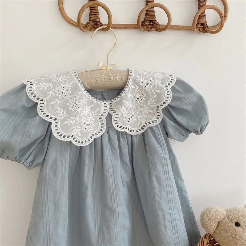 deer jonmi 2026 New Summer Baby Girls Princess Dresses Short Sleeve Korean Style Lace Collar Toddlers Kids Cotton Cute Dress
