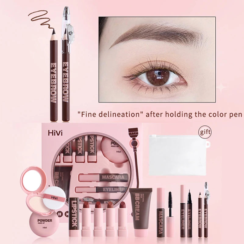 Marie Set de Maquillaje Navideño para Mujer — 9 Labiales, Polvo Compacto, BB Cream, Lápiz de Cejas, Máscara y Delineador para Mujeres y Niñas