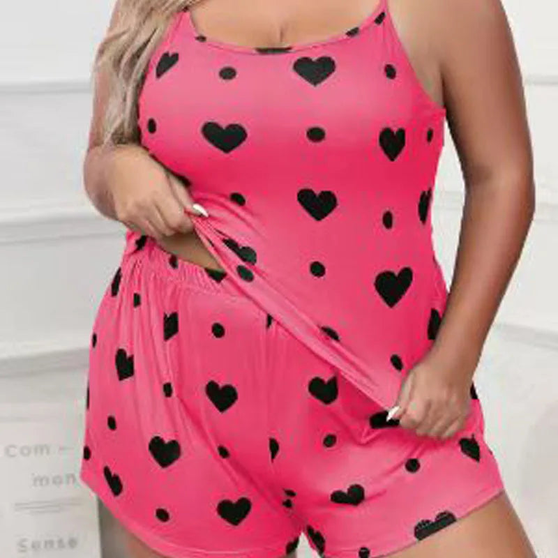 2026 Summer Women's Heart Print Pajama Set Sleeveless Elastic Waist Shorts 2 Pieces Female Sleepwear Nightwear XL-5XL Plus Size