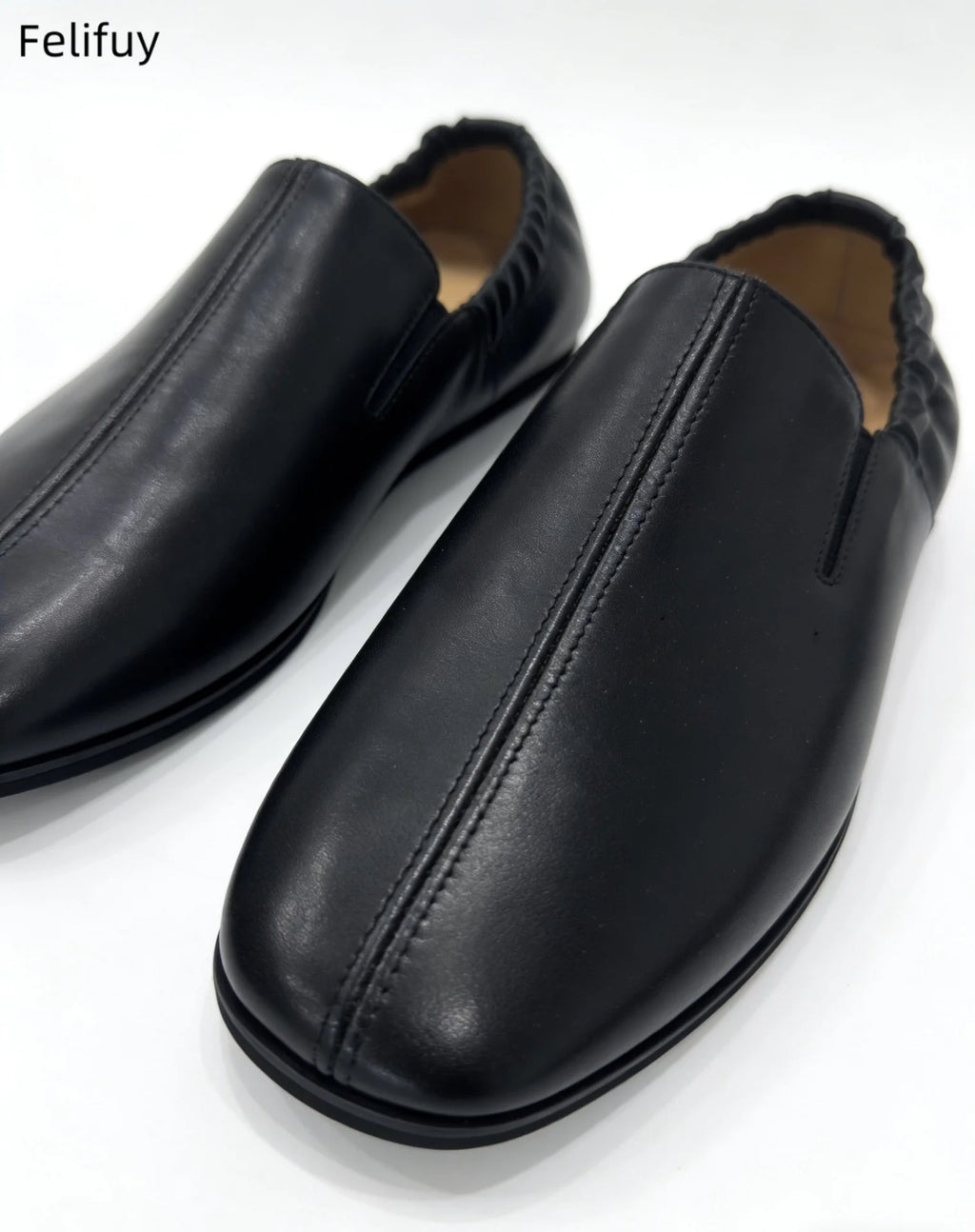 Black Casual Low-Heel Men's Genuine Leather Flat Shoes Korean Style Slip-On Loafers Fashionable Black Business Shoes round Toe