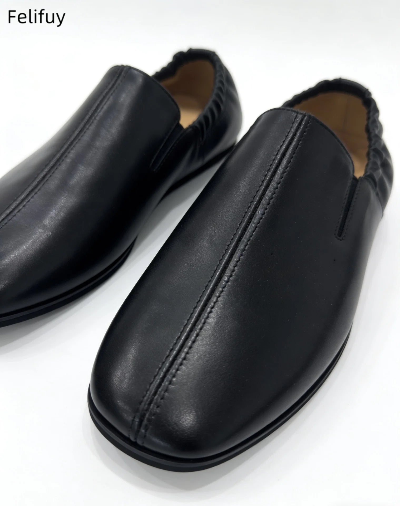 Black Casual Low-Heel Men's Genuine Leather Flat Shoes Korean Style Slip-On Loafers Fashionable Black Business Shoes round Toe