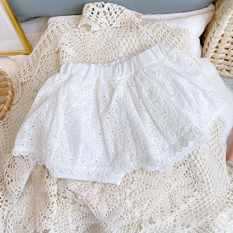Girls 2024 Summer Clothing Sets Hollow Lace Suit Baby Casual Sleeveless T-shirt+Shorts Kids Clothing Sets Baby Clothes Outfits