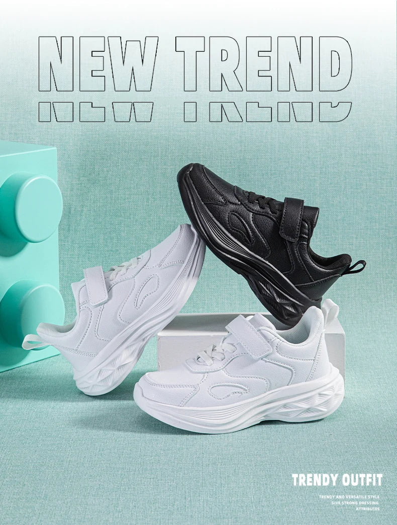 Kids White Leather Sneakers Lightweight Non-slip Casual Running Shoes for School Student Walking Outdoor Children Tennis