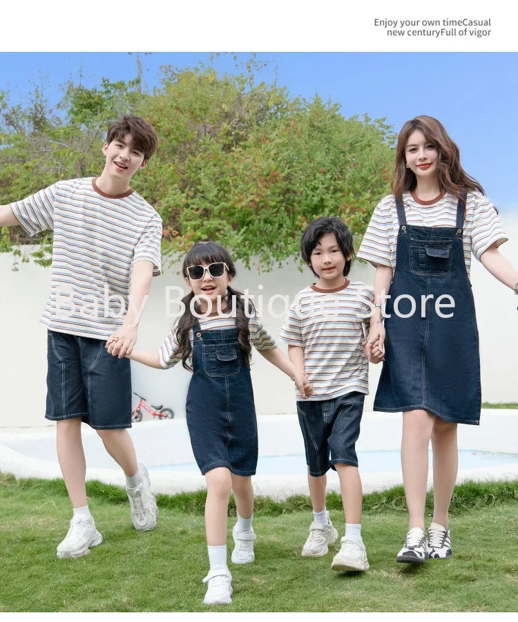 2025 Mom Daughter Father Son Family Matching Summer Cotton Mother Daughter Outfits Twin Wear Casual Striped Tshirt Overalls Set