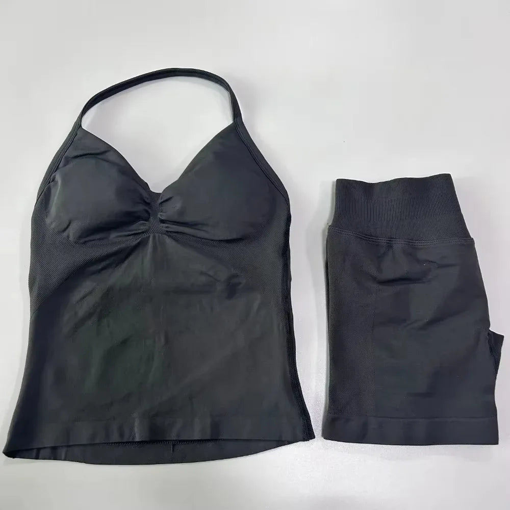 Workout Set 2 Pieces Sports Set Women Backless Tank Tops High Waist Scrunch Seamless Shorts Sport Suit Gym Set Sportswear