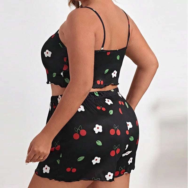 2026 Summer Women's Heart Print Pajama Set Sleeveless Elastic Waist Shorts 2 Pieces Female Sleepwear Nightwear XL-5XL Plus Size