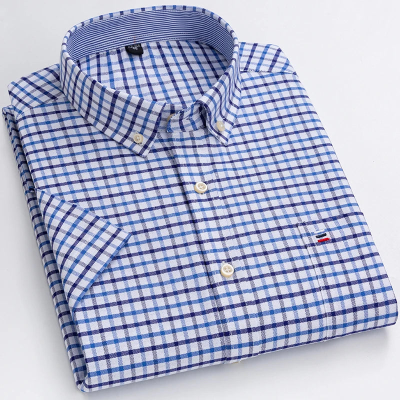 2026 100% Pure Cotton Men's Oxford Short Sleeve Square Collar Soild Plaid Striped Summer Casual Shirts Single Pocket  Shirt