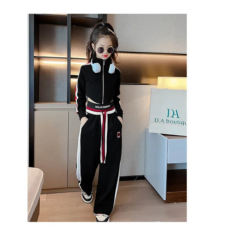 Childrens teenager girls Clothing Set Casual Sportwear Striped Short Top+Wide leg Pant 2pcs Girls Elastic Waist Trousers 4-15