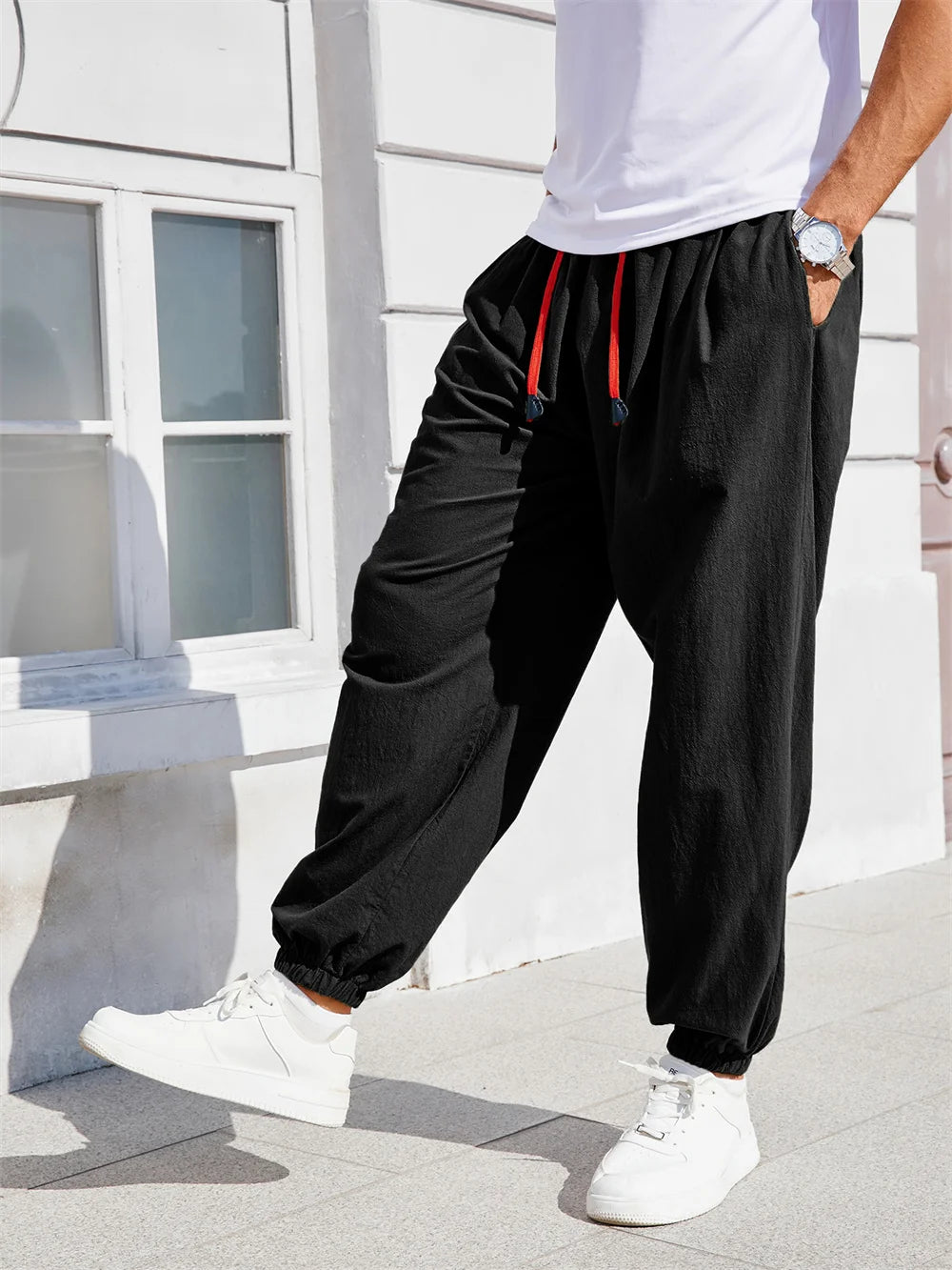Men's Harem Pants Loose Fit Chinese Style Cotton Linen Solid Color Cozy Sweatpants Joggers High Quality Male Casual Trousers